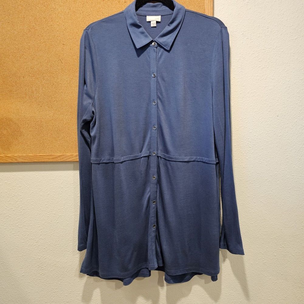J Jill Blue Collared Button Long Sleeve Side Slits Rayon Blend Tunic Top Medium